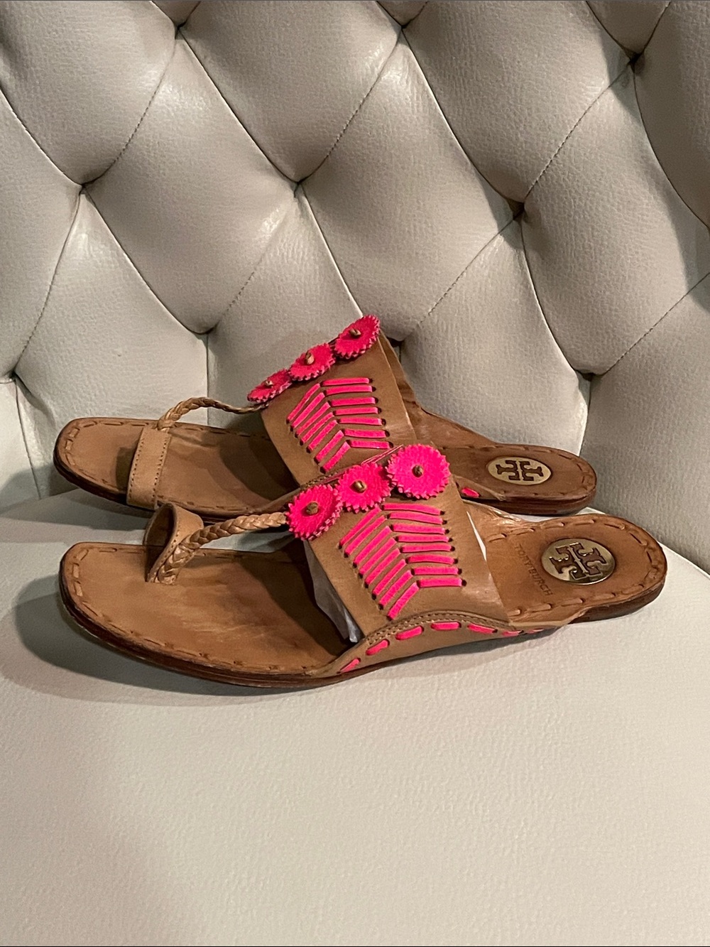 Tory Burch Tan Leather Sandals with Hot Pink Trim RARE FIND BOHO STYLE - Picture 4 of 10